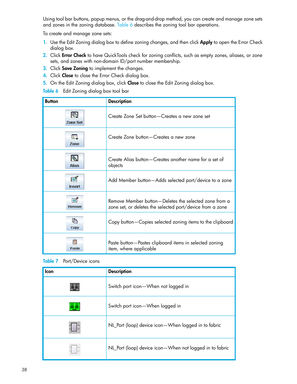 Table 6 edit zoning dialog box tool bar, Table 7 port/device icons, 6 edit zoning dialog box tool bar | 7 port/device icons | HP 8.20q Fibre Channel Switch User Manual | Page 38 / 114