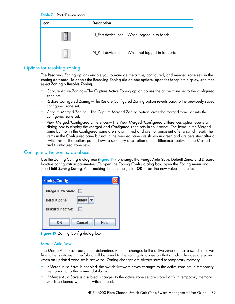 Options for resolving zoning, Configuring the zoning database, Figure 19 zoning config dialog box | Merge auto save, 19 zoning config dialog box, Configuring the, Zoning database | HP 8.20q Fibre Channel Switch User Manual | Page 39 / 114