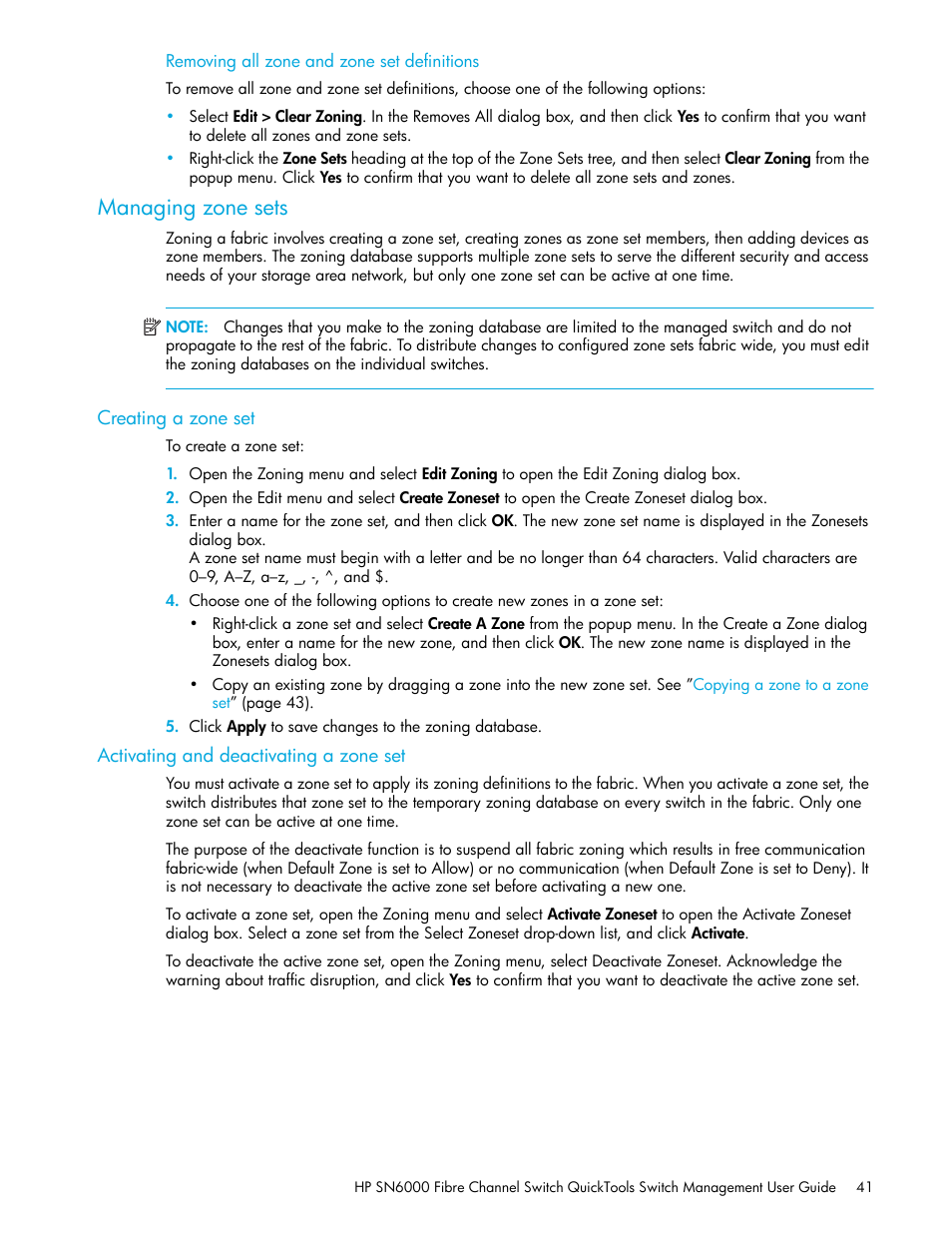 Removing all zone and zone set definitions, Managing zone sets, Creating a zone set | Activating and deactivating a zone set | HP 8.20q Fibre Channel Switch User Manual | Page 41 / 114