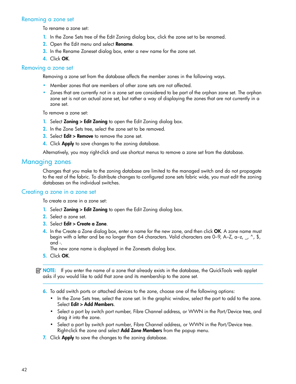 Renaming a zone set, Removing a zone set, Managing zones | Creating a zone in a zone set | HP 8.20q Fibre Channel Switch User Manual | Page 42 / 114