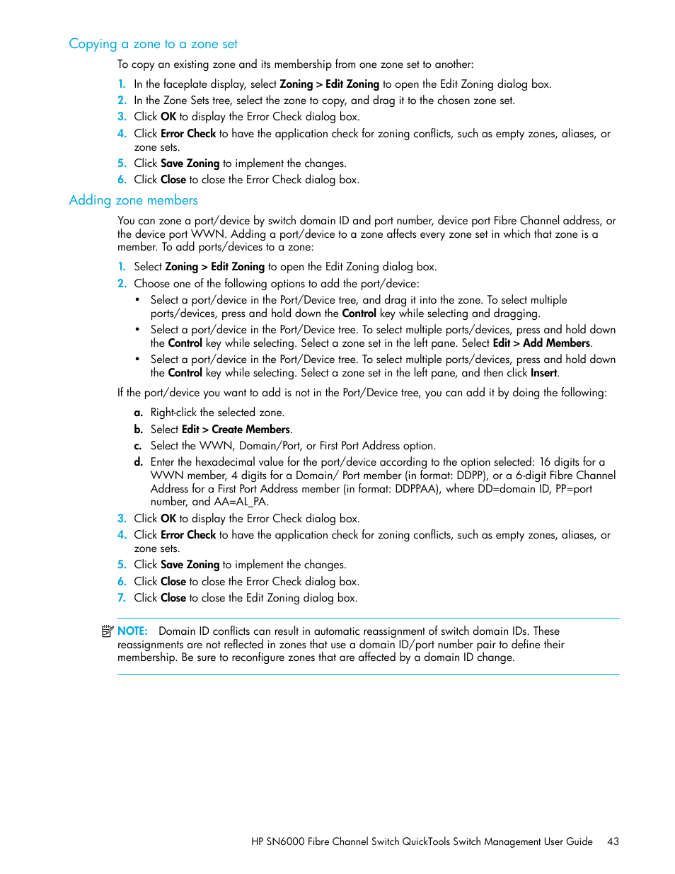 Copying a zone to a zone set, Adding zone members, Copying a zone to a zone | HP 8.20q Fibre Channel Switch User Manual | Page 43 / 114