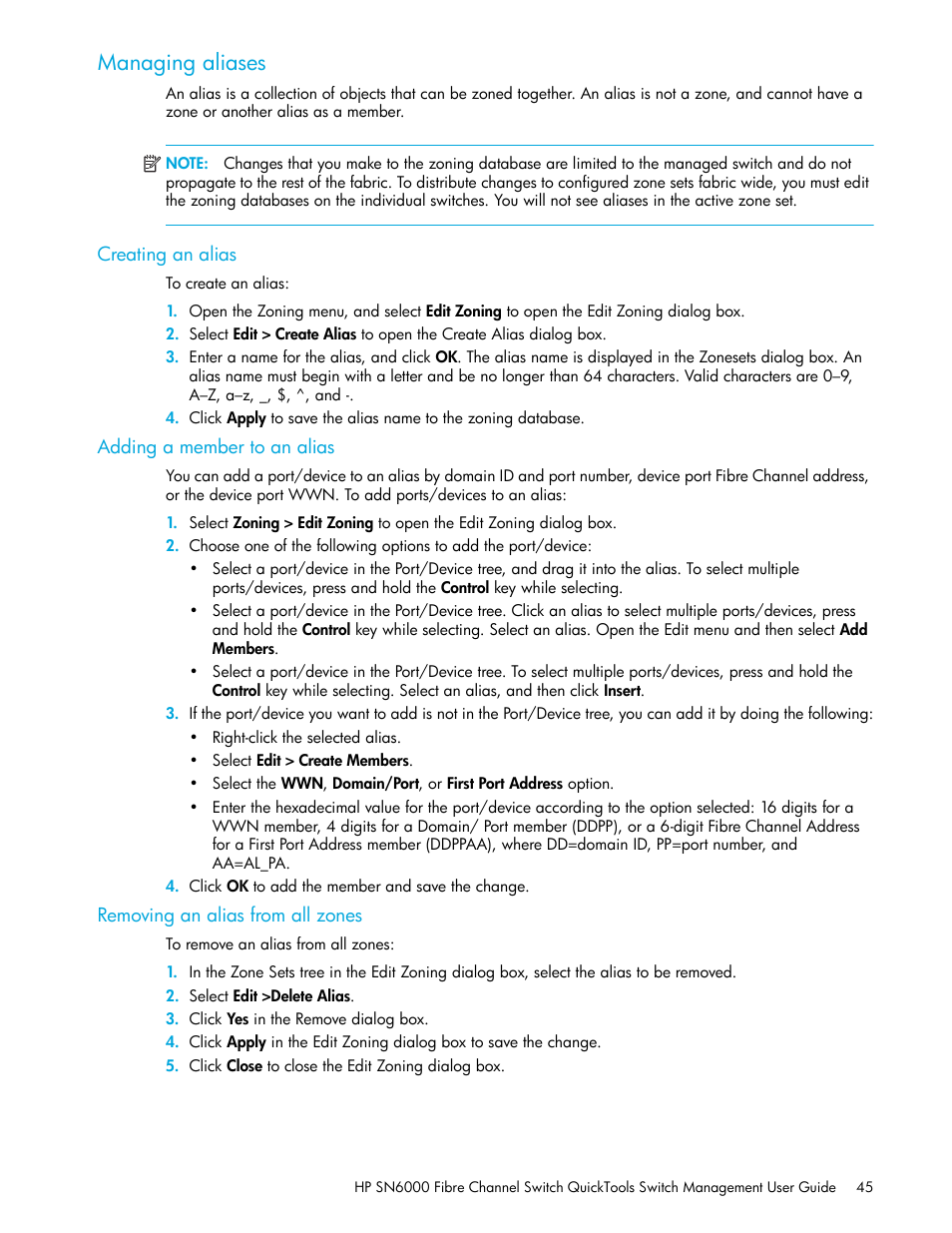 Managing aliases, Creating an alias, Adding a member to an alias | Removing an alias from all zones | HP 8.20q Fibre Channel Switch User Manual | Page 45 / 114