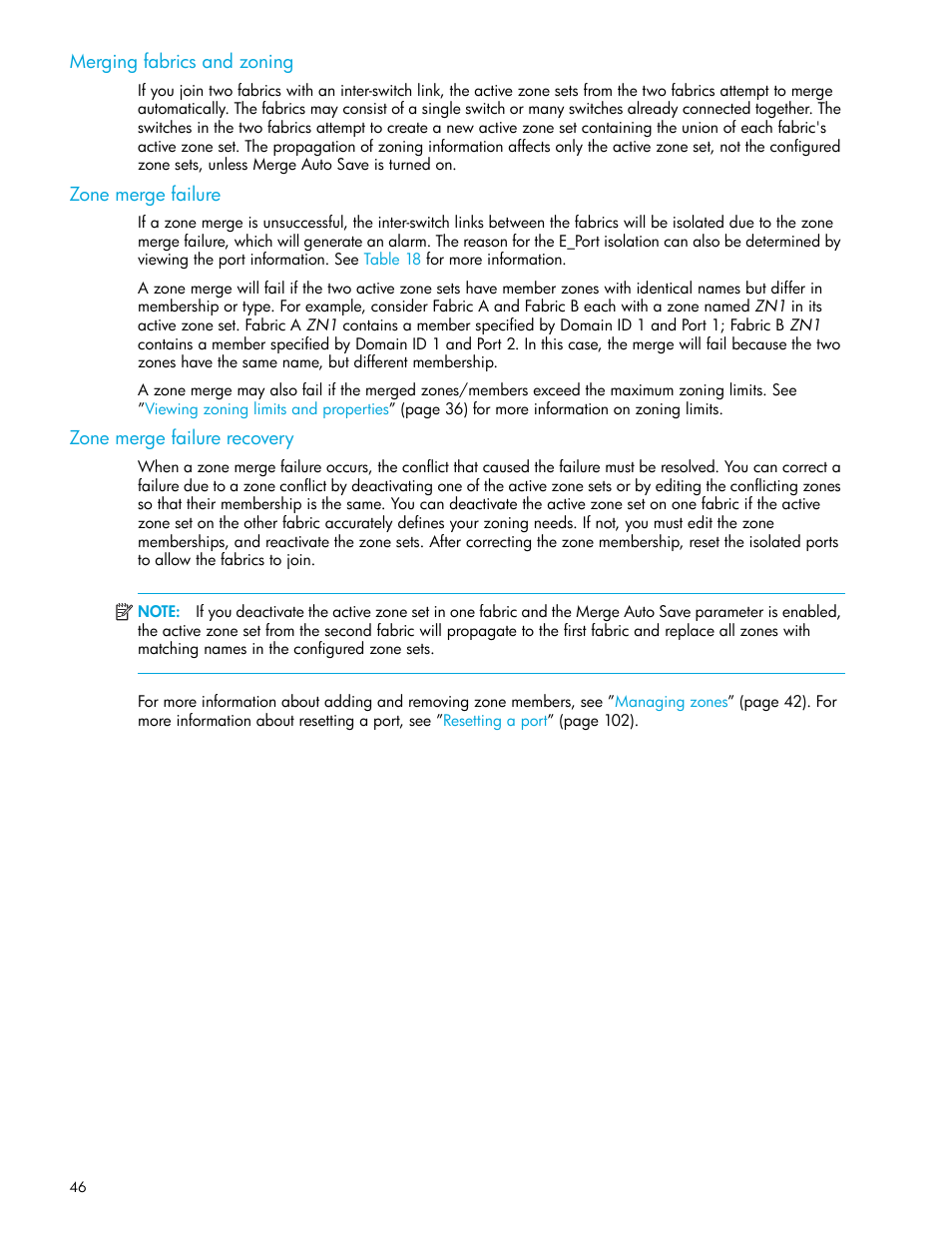 Merging fabrics and zoning, Zone merge failure, Zone merge failure recovery | HP 8.20q Fibre Channel Switch User Manual | Page 46 / 114