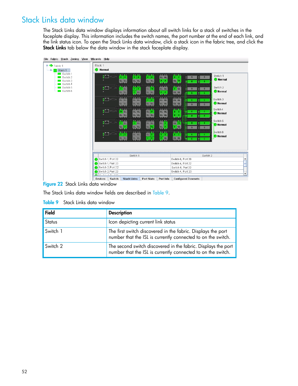 Stack links data window, Figure 22 stack links data window, Table 9 stack links data window | 22 stack links data window, 9 stack links data window | HP 8.20q Fibre Channel Switch User Manual | Page 52 / 114