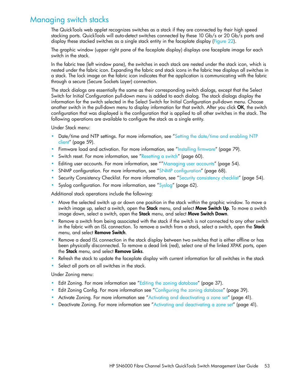 Managing switch stacks | HP 8.20q Fibre Channel Switch User Manual | Page 53 / 114