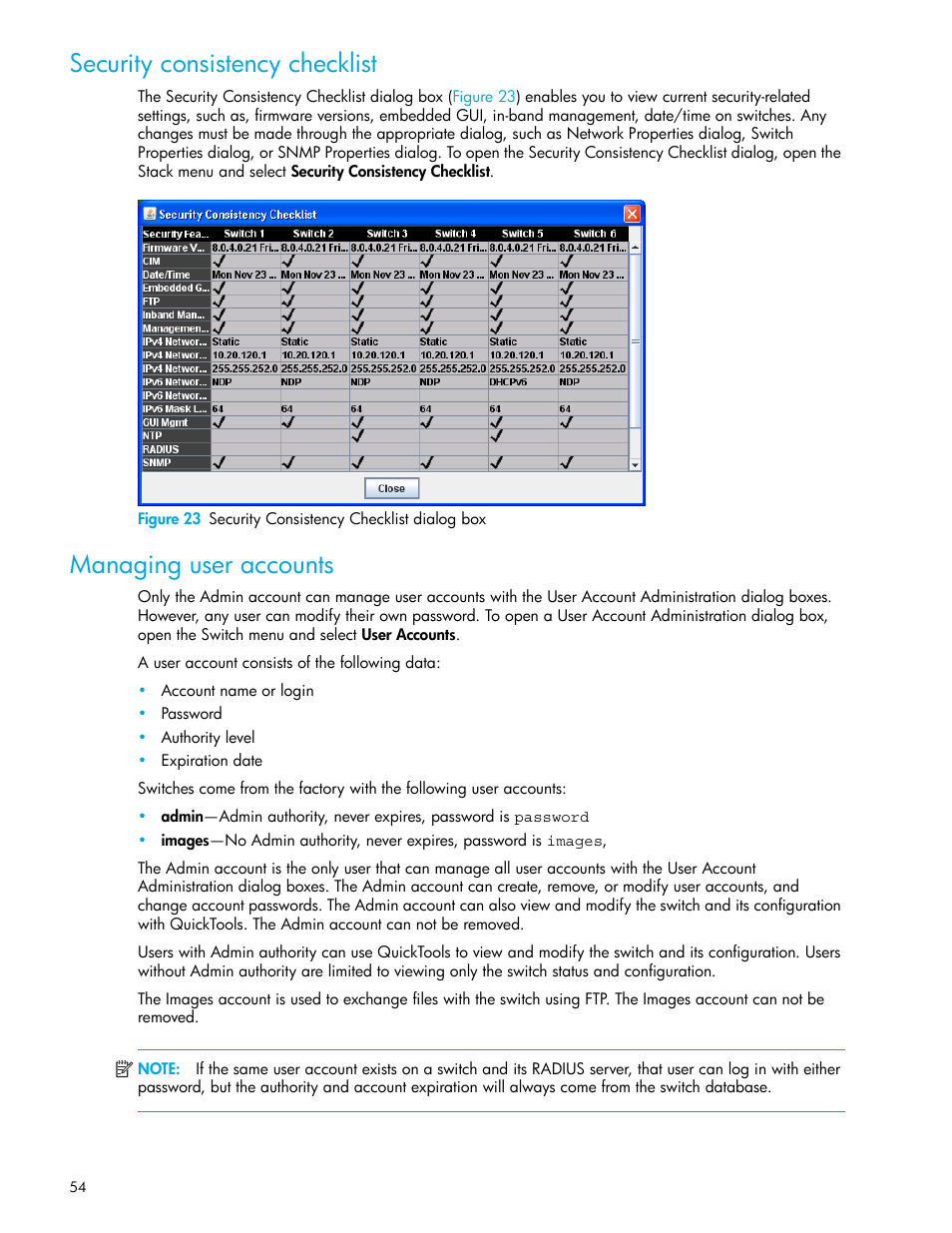 Security consistency checklist, Managing user accounts, 23 security consistency checklist dialog box | HP 8.20q Fibre Channel Switch User Manual | Page 54 / 114