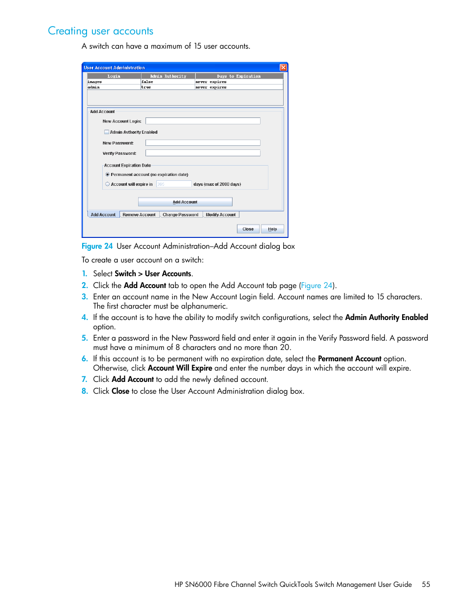 Creating user accounts | HP 8.20q Fibre Channel Switch User Manual | Page 55 / 114