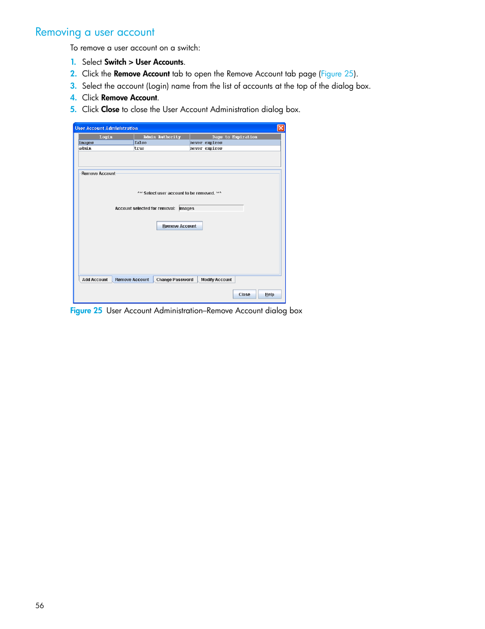 Removing a user account | HP 8.20q Fibre Channel Switch User Manual | Page 56 / 114