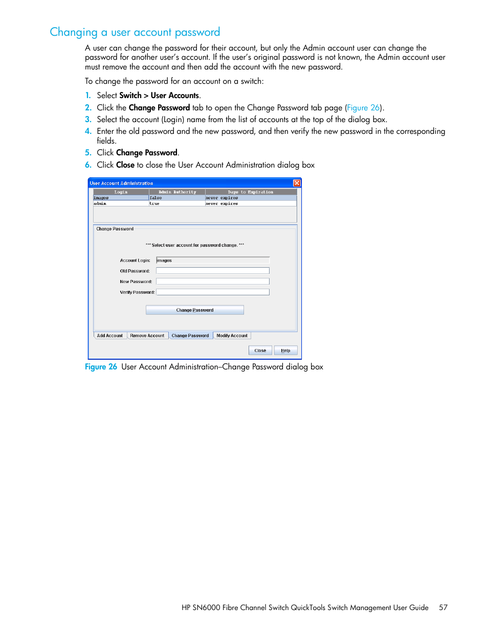 Changing a user account password | HP 8.20q Fibre Channel Switch User Manual | Page 57 / 114