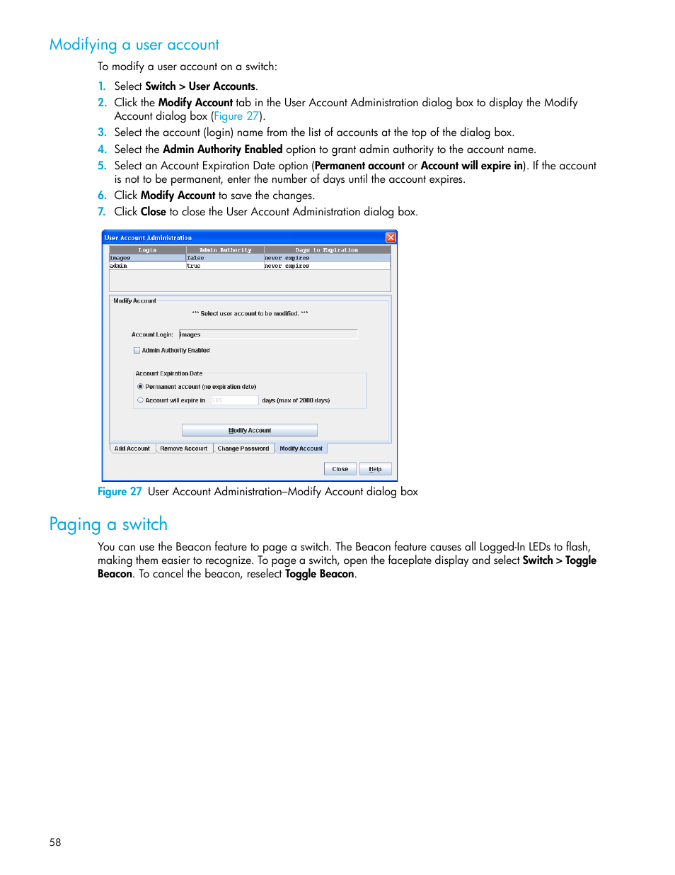 Modifying a user account, Paging a switch | HP 8.20q Fibre Channel Switch User Manual | Page 58 / 114