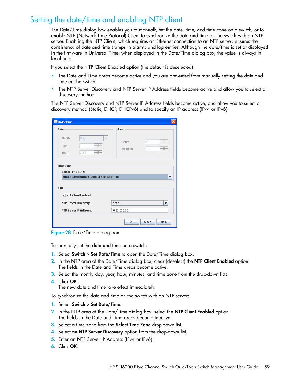 Setting the date/time and enabling ntp client, Figure 28 date/time dialog box, 28 date/time dialog box | Setting the date/time and enabling ntp, Client | HP 8.20q Fibre Channel Switch User Manual | Page 59 / 114