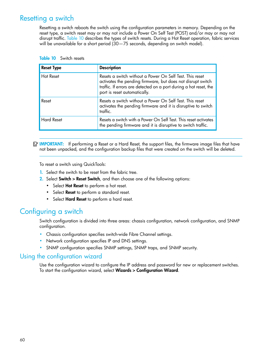 Resetting a switch, Table 10 switch resets, Configuring a switch | Using the configuration wizard, 10 switch resets | HP 8.20q Fibre Channel Switch User Manual | Page 60 / 114