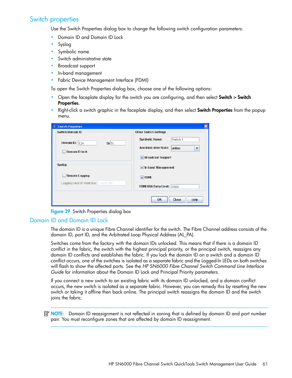 Switch properties, Figure 29 switch properties dialog box, Domain id and domain id lock | 29 switch properties dialog box | HP 8.20q Fibre Channel Switch User Manual | Page 61 / 114