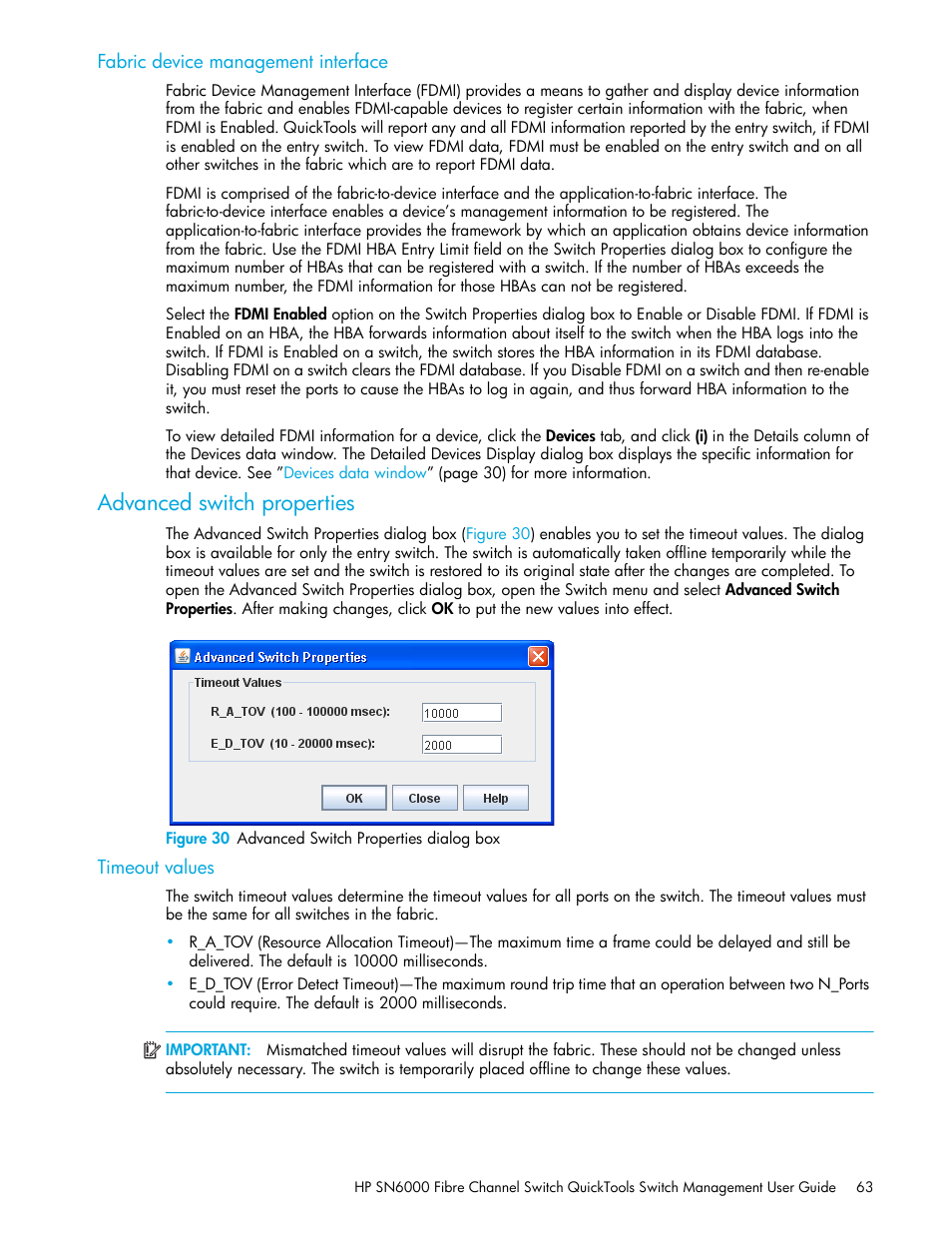 Fabric device management interface, Advanced switch properties, Figure 30 advanced switch properties dialog box | Timeout values, 30 advanced switch properties dialog box | HP 8.20q Fibre Channel Switch User Manual | Page 63 / 114