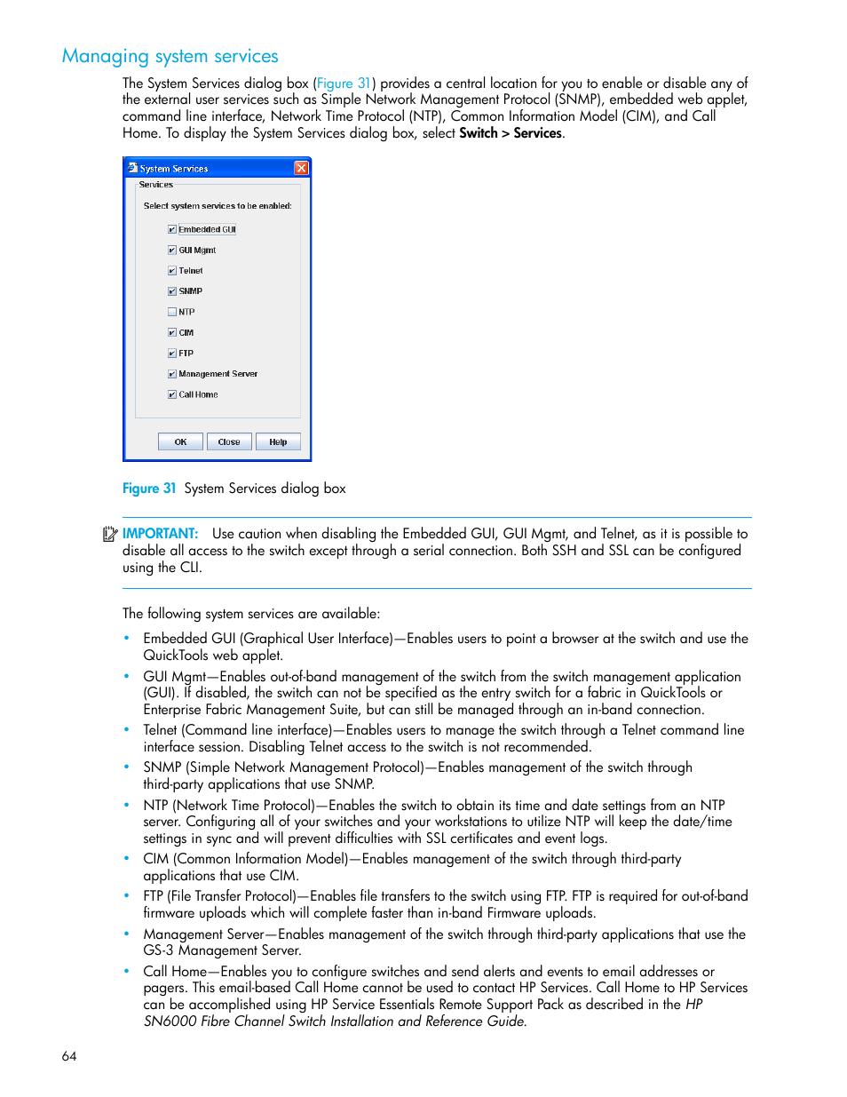 Managing system services, Figure 31 system services dialog box, 31 system services dialog box | HP 8.20q Fibre Channel Switch User Manual | Page 64 / 114
