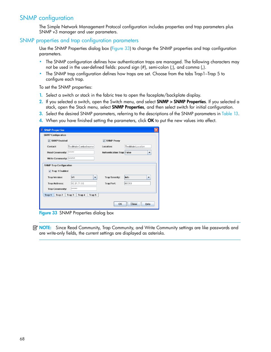 Snmp configuration, Snmp properties and trap configuration parameters, Figure 33 snmp properties dialog box | 33 snmp properties dialog box | HP 8.20q Fibre Channel Switch User Manual | Page 68 / 114