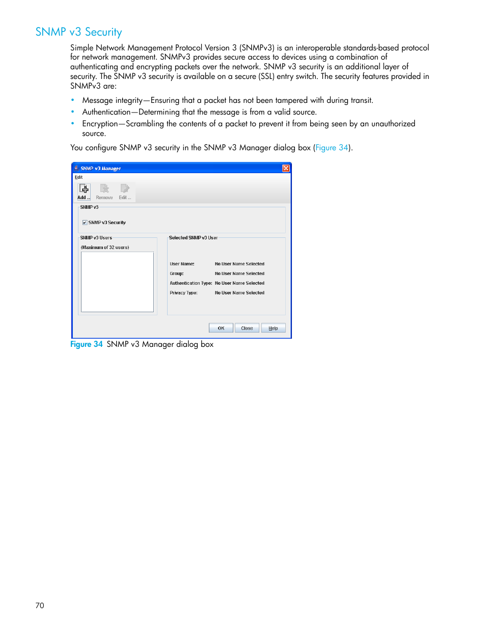 Snmp v3 security, Figure 34 snmp v3 manager dialog box, 34 snmp v3 manager dialog box | HP 8.20q Fibre Channel Switch User Manual | Page 70 / 114