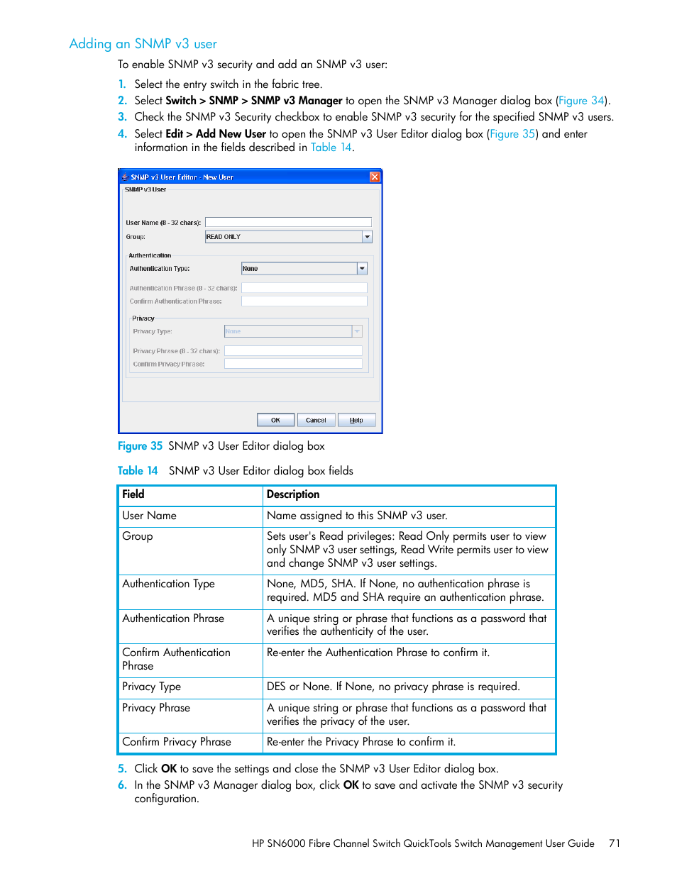 Adding an snmp v3 user, Figure 35 snmp v3 user editor dialog box, Table 14 snmp v3 user editor dialog box fields | 35 snmp v3 user editor dialog box, 14 snmp v3 user editor dialog box fields | HP 8.20q Fibre Channel Switch User Manual | Page 71 / 114