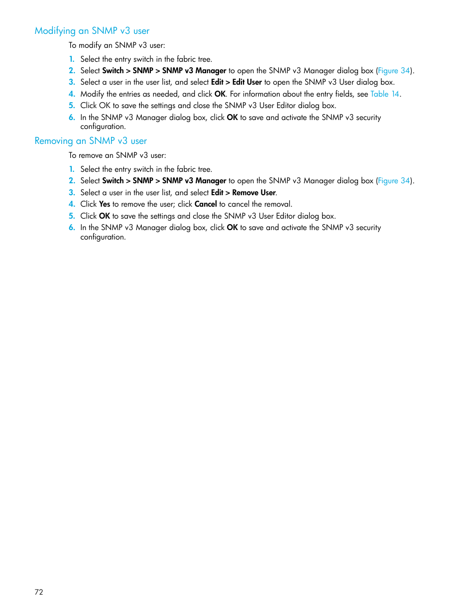 Modifying an snmp v3 user, Removing an snmp v3 user | HP 8.20q Fibre Channel Switch User Manual | Page 72 / 114