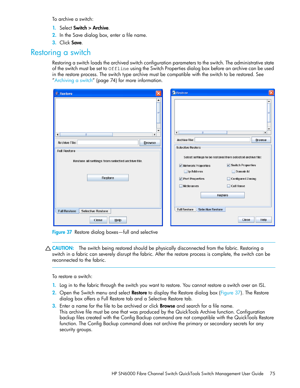 Restoring a switch, Figure 37 restore dialog boxes—full and selective, 37 restore dialog boxes—full and selective | HP 8.20q Fibre Channel Switch User Manual | Page 75 / 114