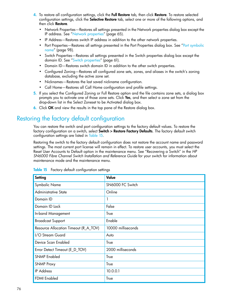 Restoring the factory default configuration, Table 15 factory default configuration settings, 15 factory default configuration settings | HP 8.20q Fibre Channel Switch User Manual | Page 76 / 114