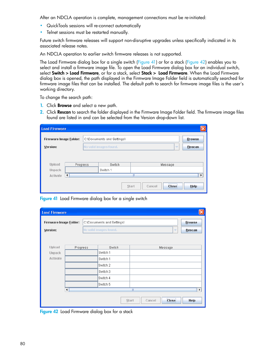 Figure 42 load firmware dialog box for a stack, 41 load firmware dialog box for a single switch, 42 load firmware dialog box for a stack | HP 8.20q Fibre Channel Switch User Manual | Page 80 / 114