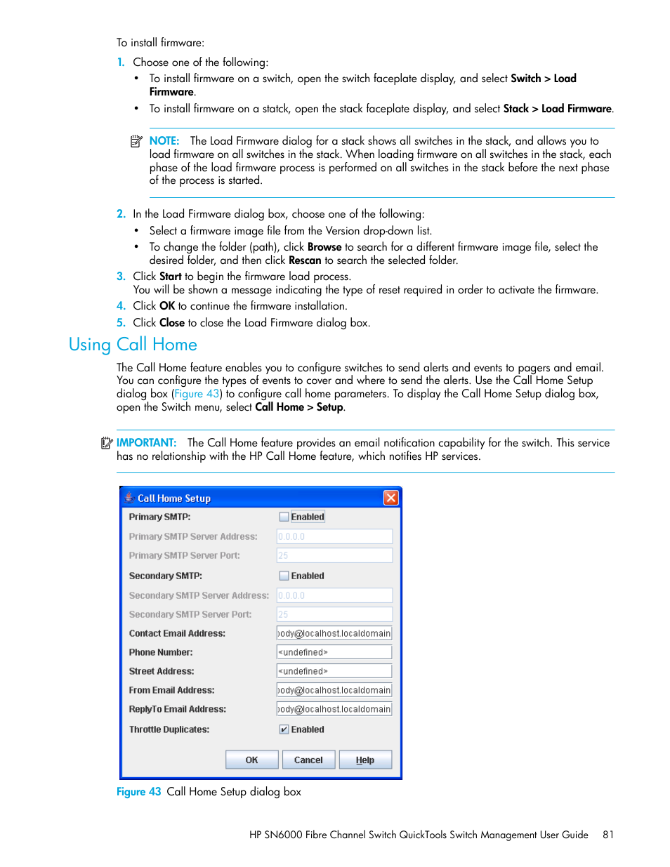 Using call home, Figure 43 call home setup dialog box, 43 call home setup dialog box | HP 8.20q Fibre Channel Switch User Manual | Page 81 / 114