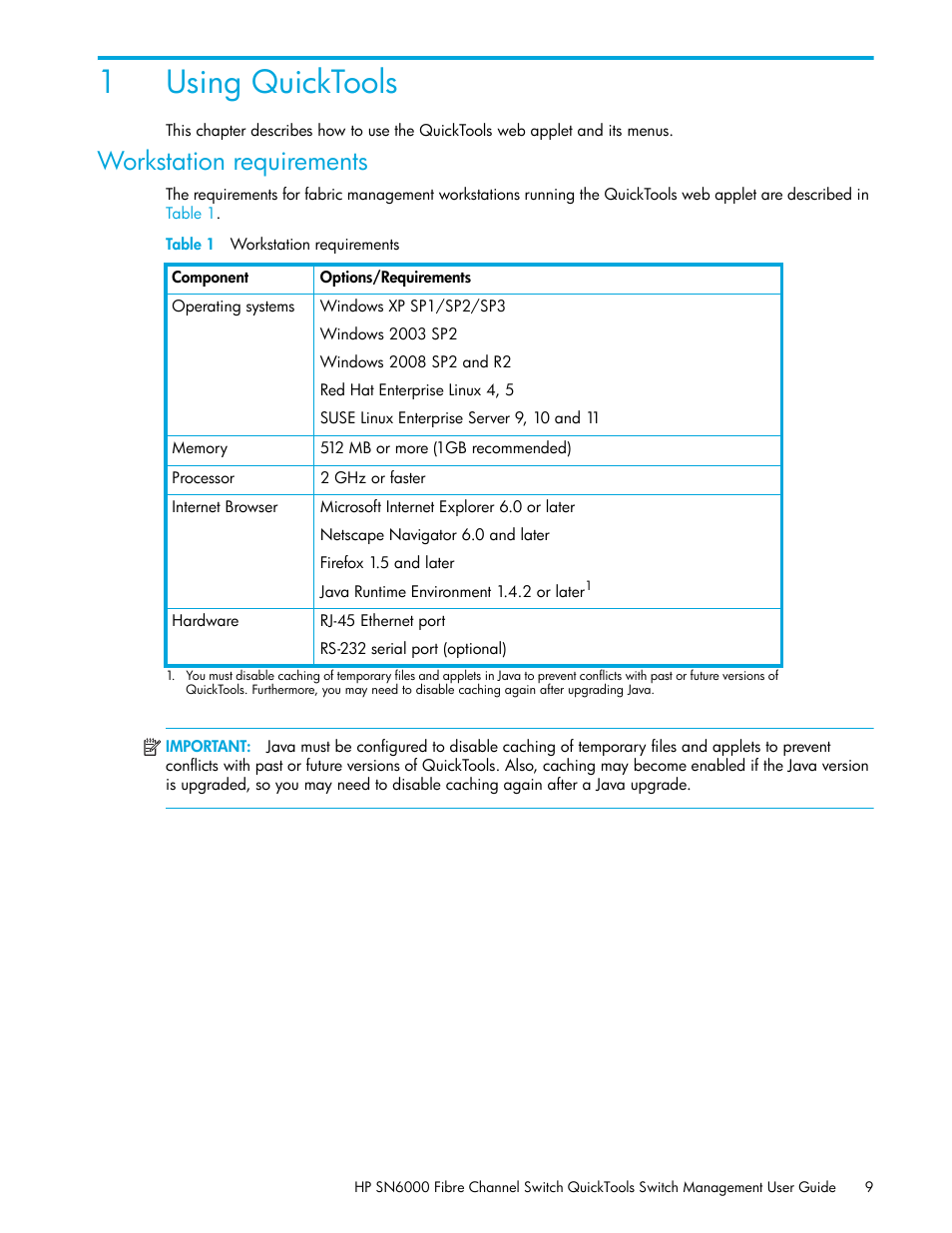 Using quicktools, Workstation requirements, Table 1 workstation requirements | 1 using quicktools, 1 workstation requirements, 1using quicktools | HP 8.20q Fibre Channel Switch User Manual | Page 9 / 114