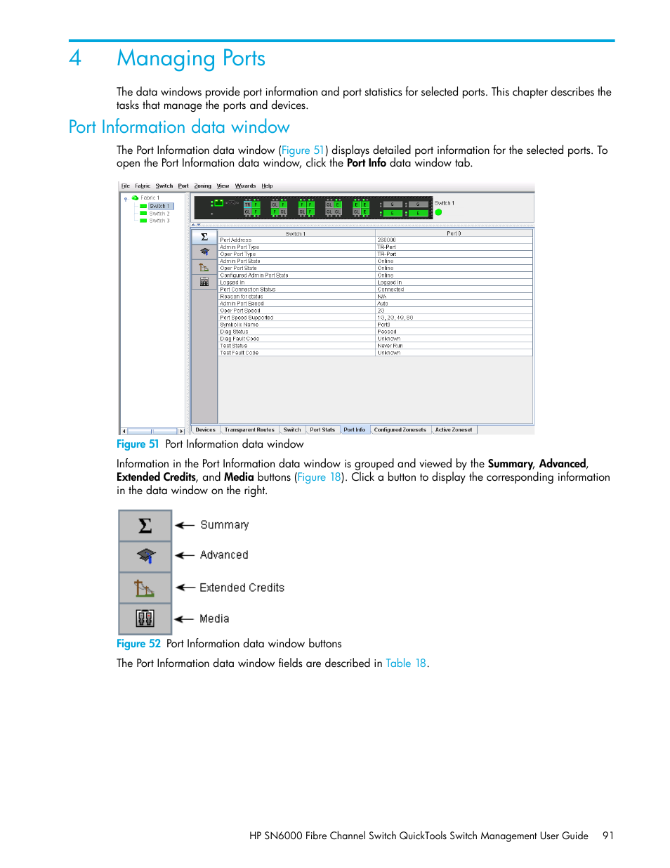 Managing ports, Port information data window, Figure 51 port information data window | Figure 52 port information data window buttons, 4 managing ports, 51 port information data window, 52 port information data window buttons, 4managing ports | HP 8.20q Fibre Channel Switch User Manual | Page 91 / 114