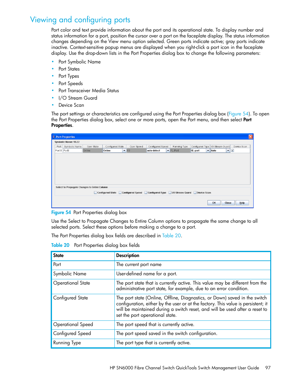 Viewing and configuring ports, Figure 54 port properties dialog box, Table 20 port properties dialog box fields | 54 port properties dialog box, 20 port properties dialog box fields | HP 8.20q Fibre Channel Switch User Manual | Page 97 / 114