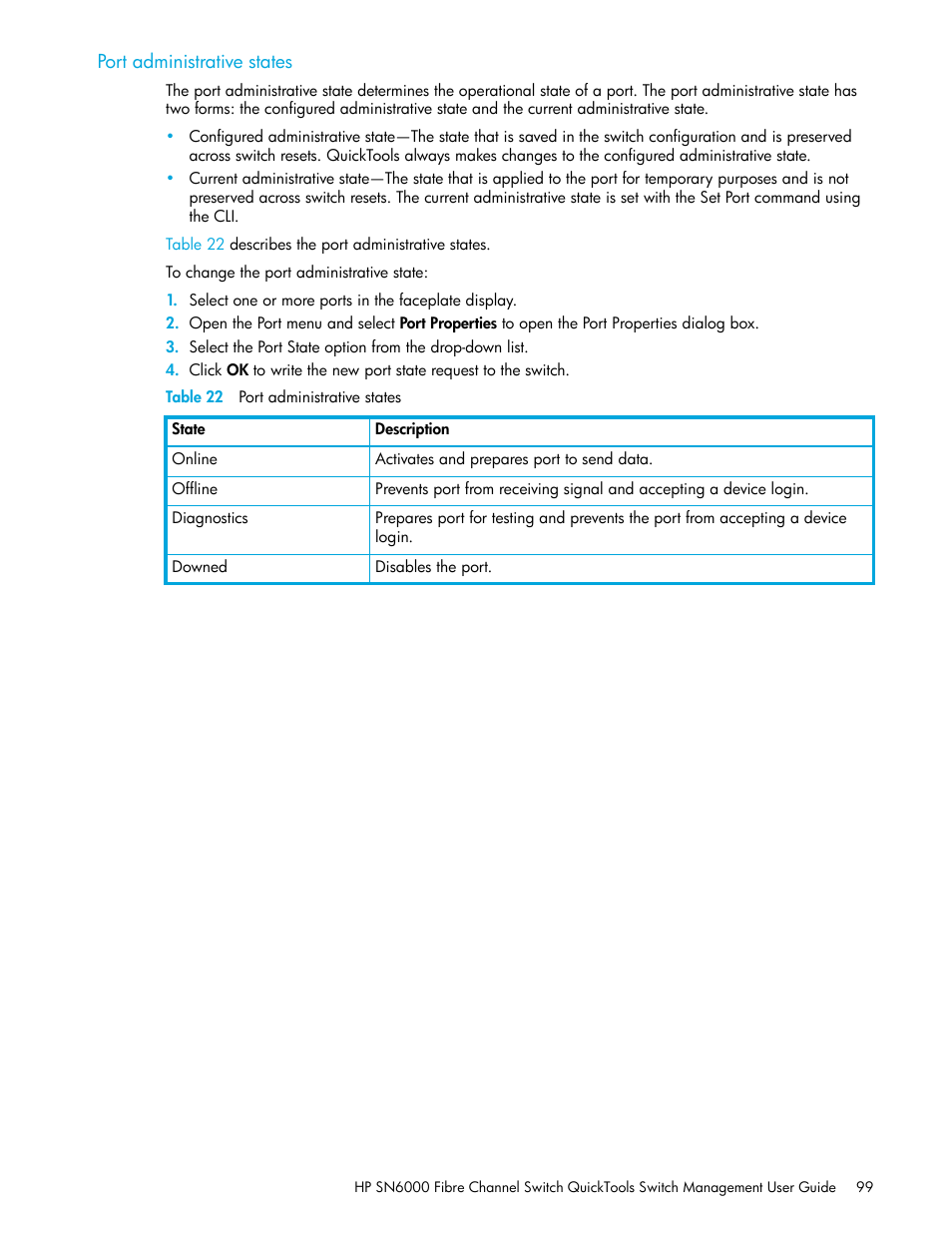 Port administrative states, Table 22 port administrative states, 22 port administrative states | HP 8.20q Fibre Channel Switch User Manual | Page 99 / 114
