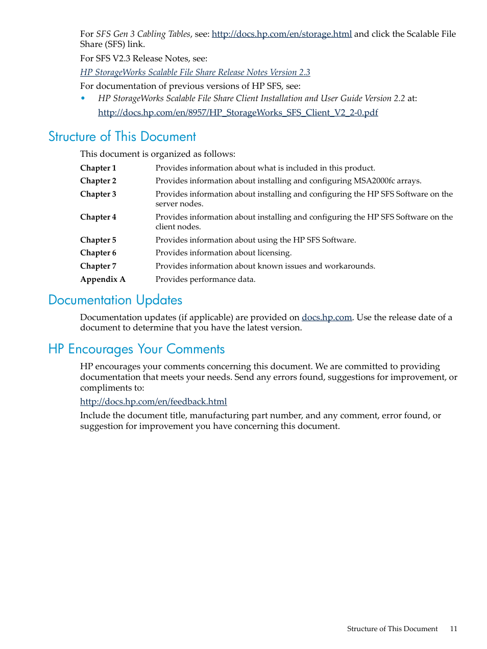 Structure of this document, Documentation updates, Hp encourages your comments | HP StorageWorks Scalable File Share User Manual | Page 11 / 70