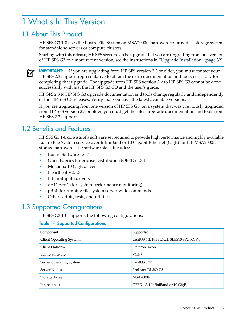 1 what's in this version, 1 about this product, 2 benefits and features | 3 supported configurations, Supported configurations | HP StorageWorks Scalable File Share User Manual | Page 13 / 70