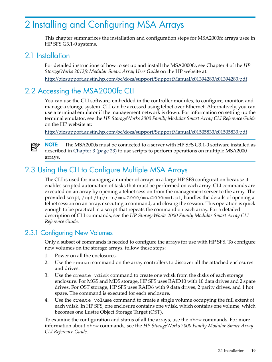 2 installing and configuring msa arrays, 1 installation, 2 accessing the msa2000fc cli | 3 using the cli to configure multiple msa arrays, 1 configuring new volumes | HP StorageWorks Scalable File Share User Manual | Page 19 / 70