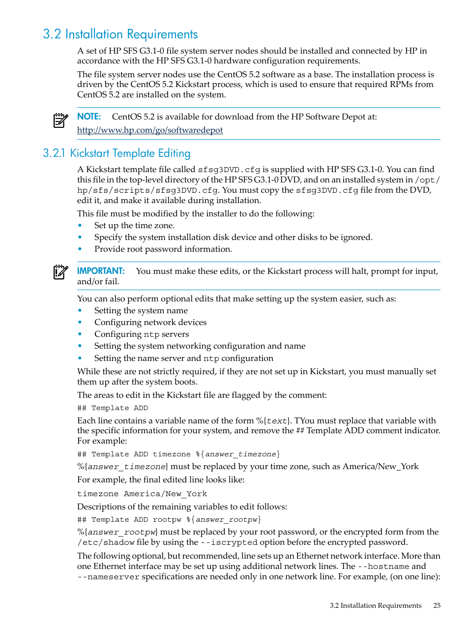 2 installation requirements, 1 kickstart template editing | HP StorageWorks Scalable File Share User Manual | Page 25 / 70