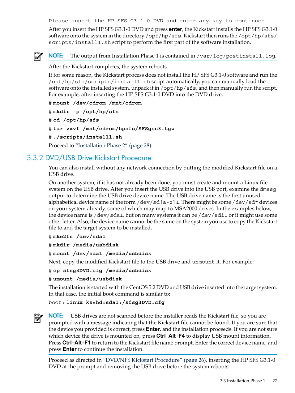 2 dvd/usb drive kickstart procedure | HP StorageWorks Scalable File Share User Manual | Page 27 / 70