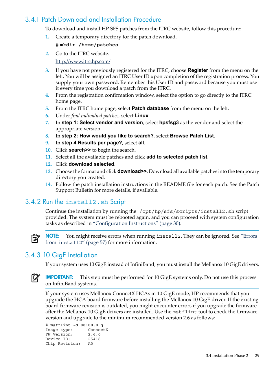 1 patch download and installation procedure, 2 run the install2.sh script, 3 10 gige installation | HP StorageWorks Scalable File Share User Manual | Page 29 / 70