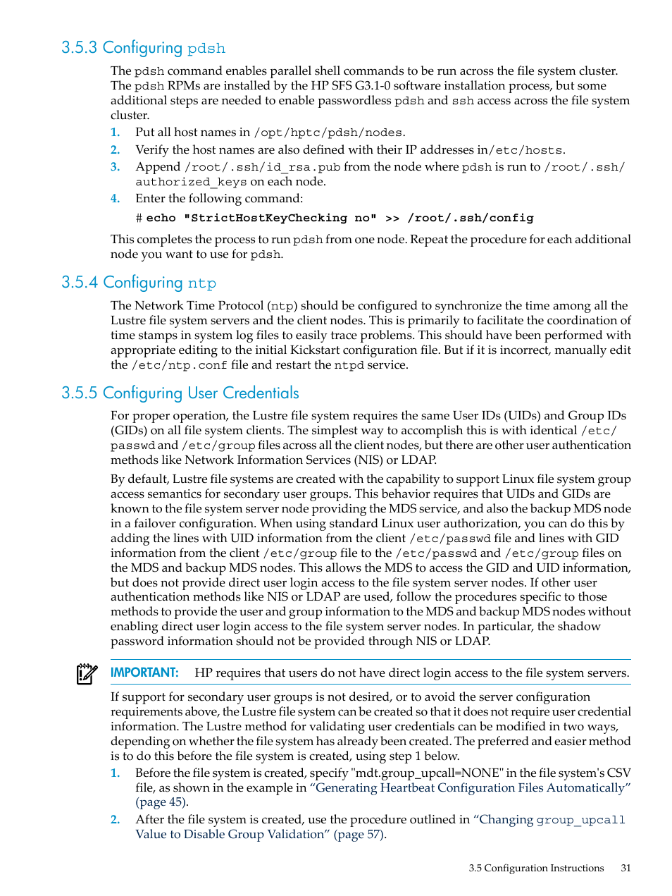 3 configuring pdsh, 4 configuring ntp, 5 configuring user credentials | HP StorageWorks Scalable File Share User Manual | Page 31 / 70