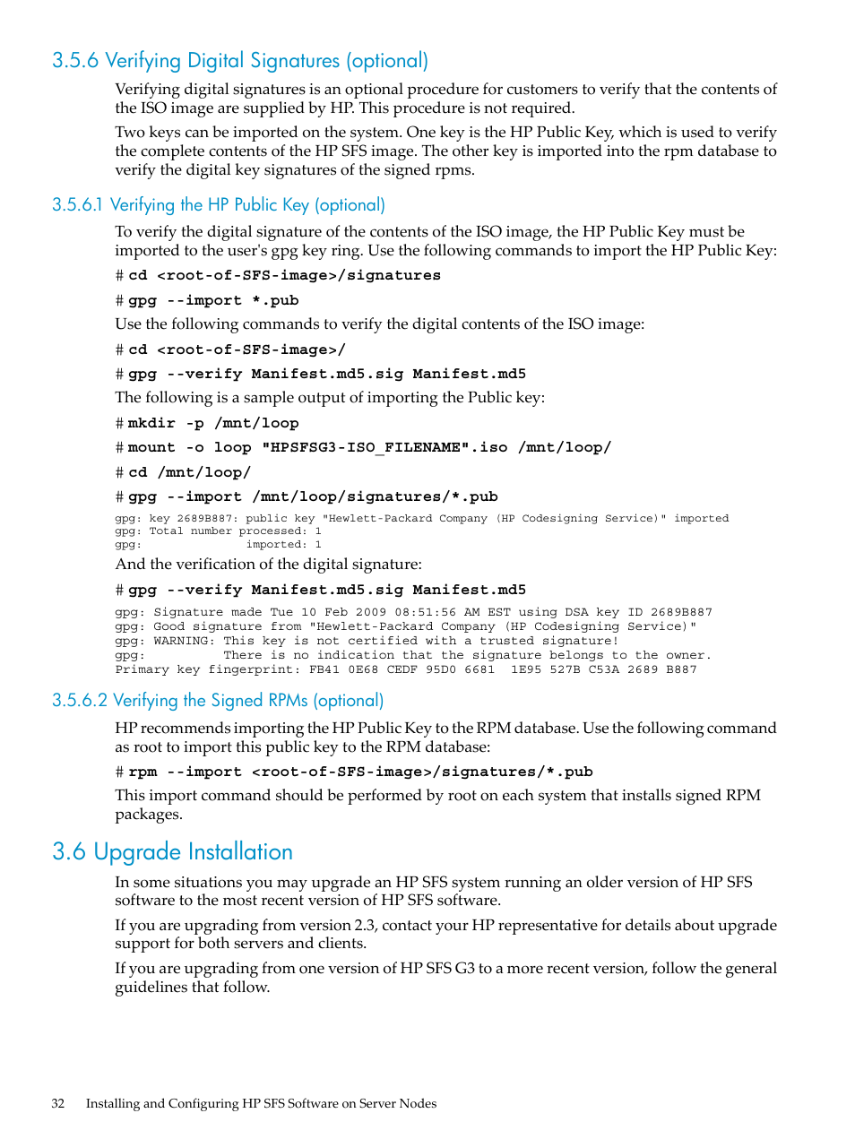 6 verifying digital signatures (optional), 1 verifying the hp public key (optional), 2 verifying the signed rpms (optional) | 6 upgrade installation | HP StorageWorks Scalable File Share User Manual | Page 32 / 70