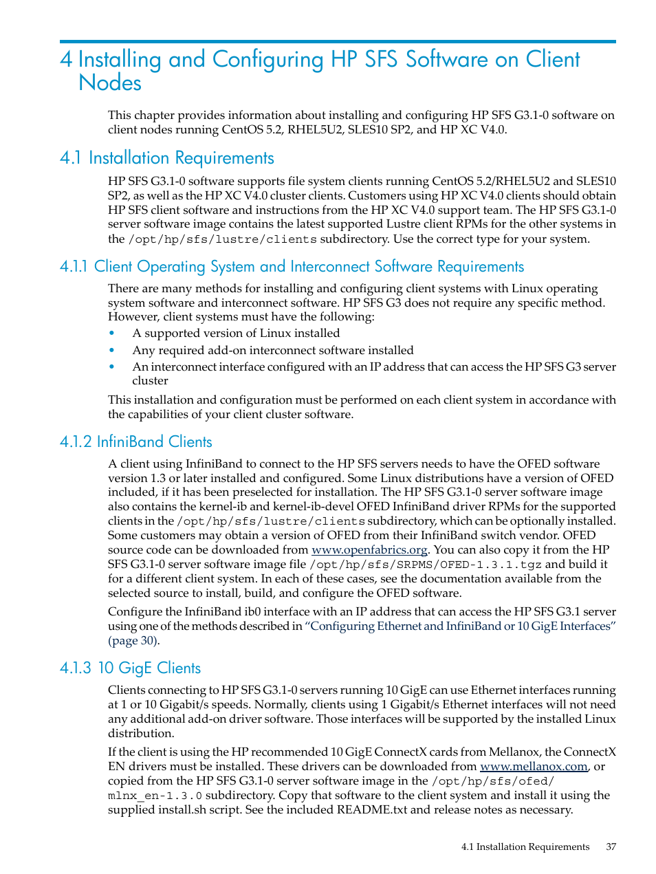 1 installation requirements, 2 infiniband clients, 3 10 gige clients | HP StorageWorks Scalable File Share User Manual | Page 37 / 70