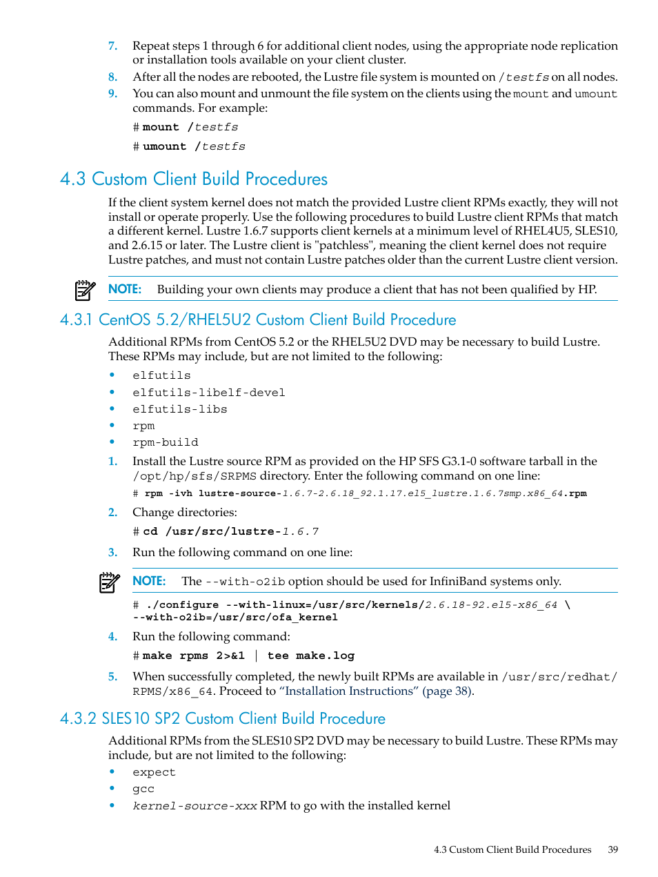 3 custom client build procedures, 1 centos 5.2/rhel5u2 custom client build procedure, 2 sles10 sp2 custom client build procedure | HP StorageWorks Scalable File Share User Manual | Page 39 / 70