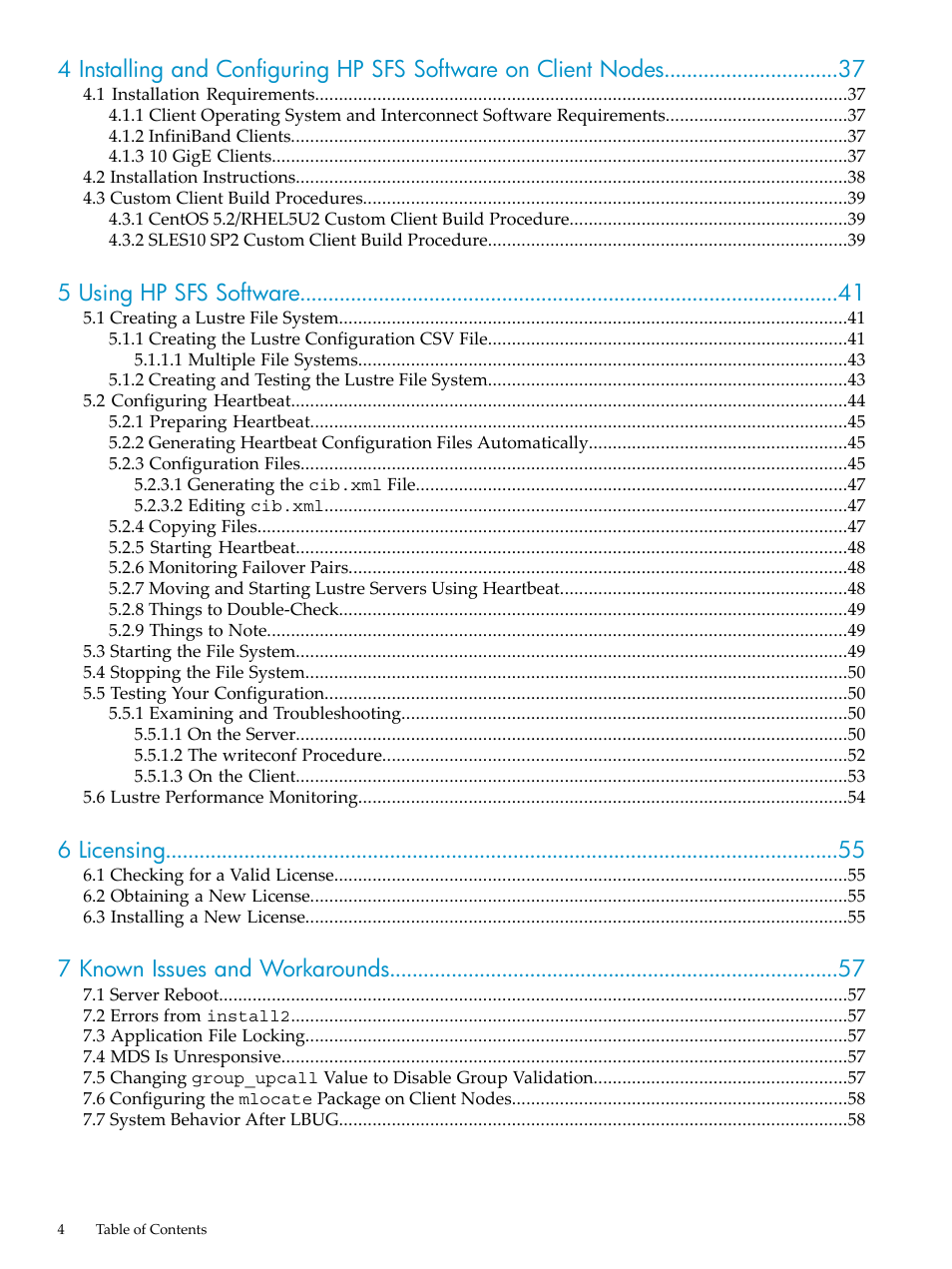 5 using hp sfs software, 6 licensing, 7 known issues and workarounds | HP StorageWorks Scalable File Share User Manual | Page 4 / 70