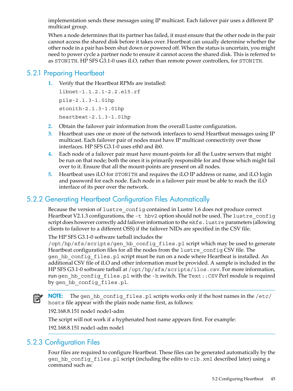 1 preparing heartbeat, 3 configuration files | HP StorageWorks Scalable File Share User Manual | Page 45 / 70