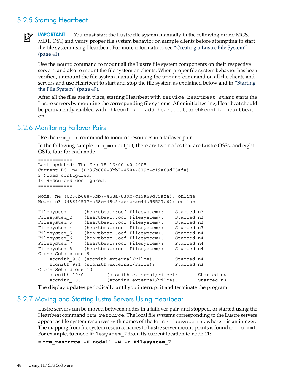 5 starting heartbeat, 6 monitoring failover pairs | HP StorageWorks Scalable File Share User Manual | Page 48 / 70