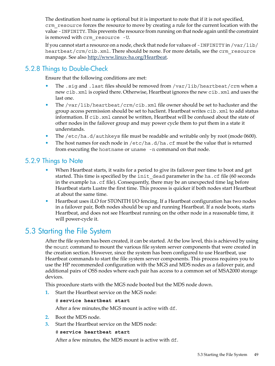 8 things to double-check, 9 things to note, 3 starting the file system | 8 things to double-check 5.2.9 things to note, Starting | HP StorageWorks Scalable File Share User Manual | Page 49 / 70