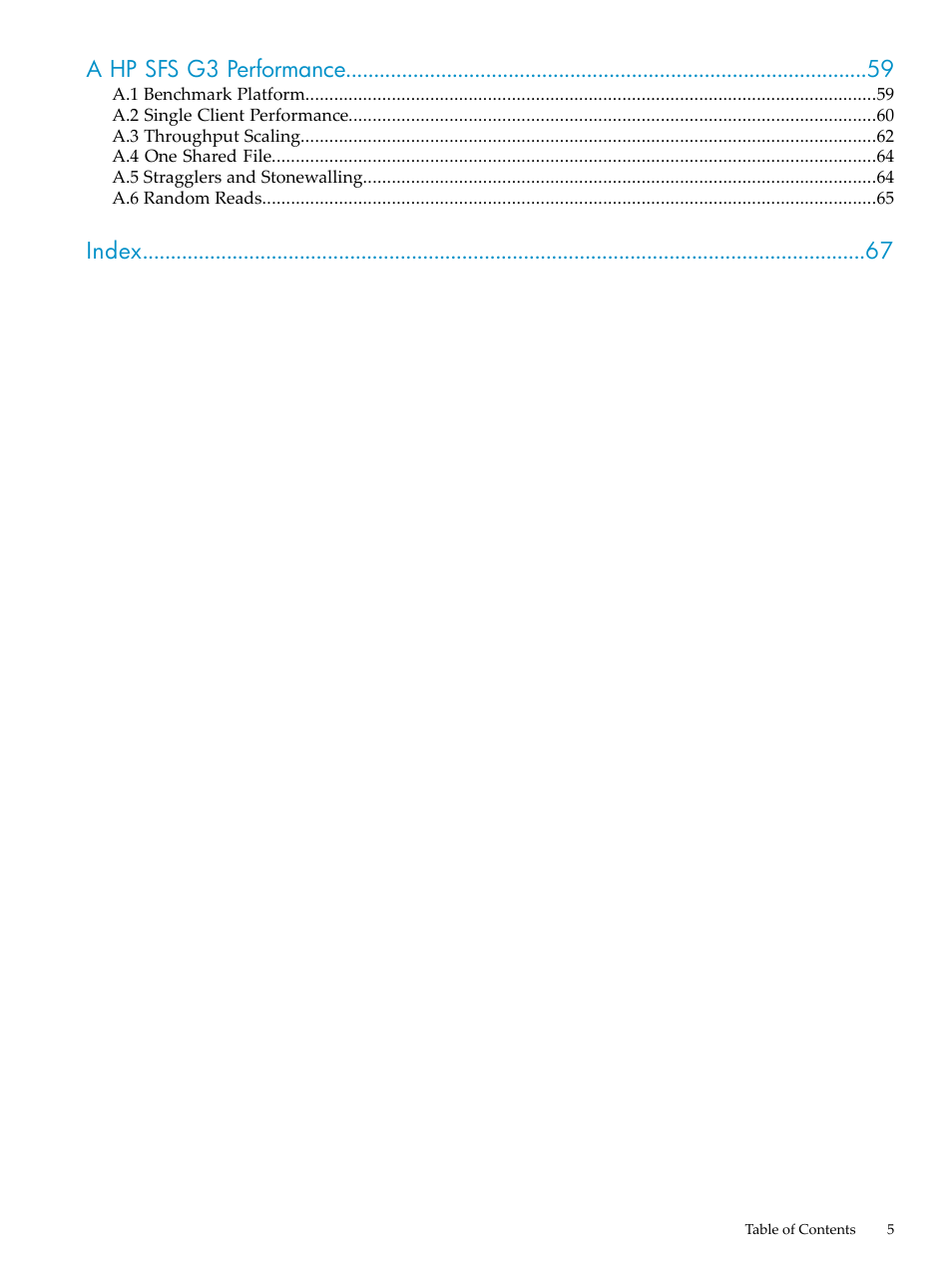 A hp sfs g3 performance, Index | HP StorageWorks Scalable File Share User Manual | Page 5 / 70