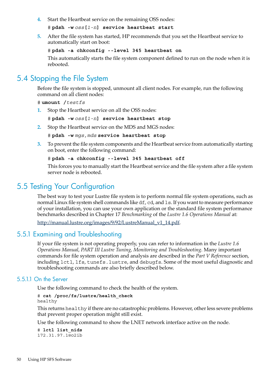 4 stopping the file system, 5 testing your configuration, 1 examining and troubleshooting | 1 on the server | HP StorageWorks Scalable File Share User Manual | Page 50 / 70