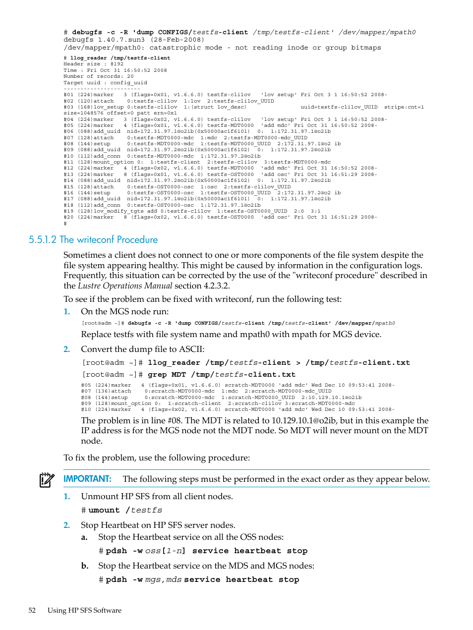 2 the writeconf procedure | HP StorageWorks Scalable File Share User Manual | Page 52 / 70