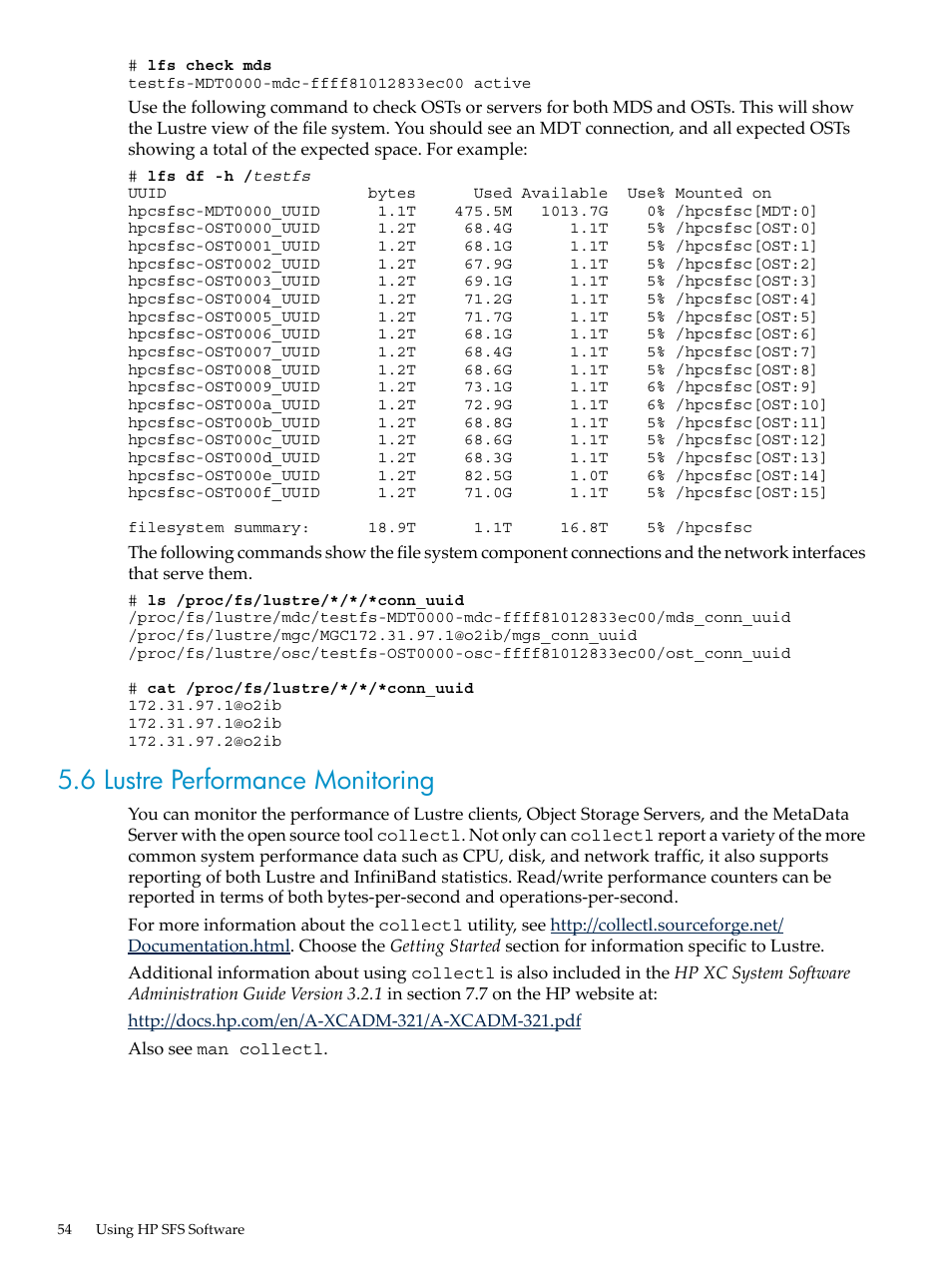 6 lustre performance monitoring | HP StorageWorks Scalable File Share User Manual | Page 54 / 70