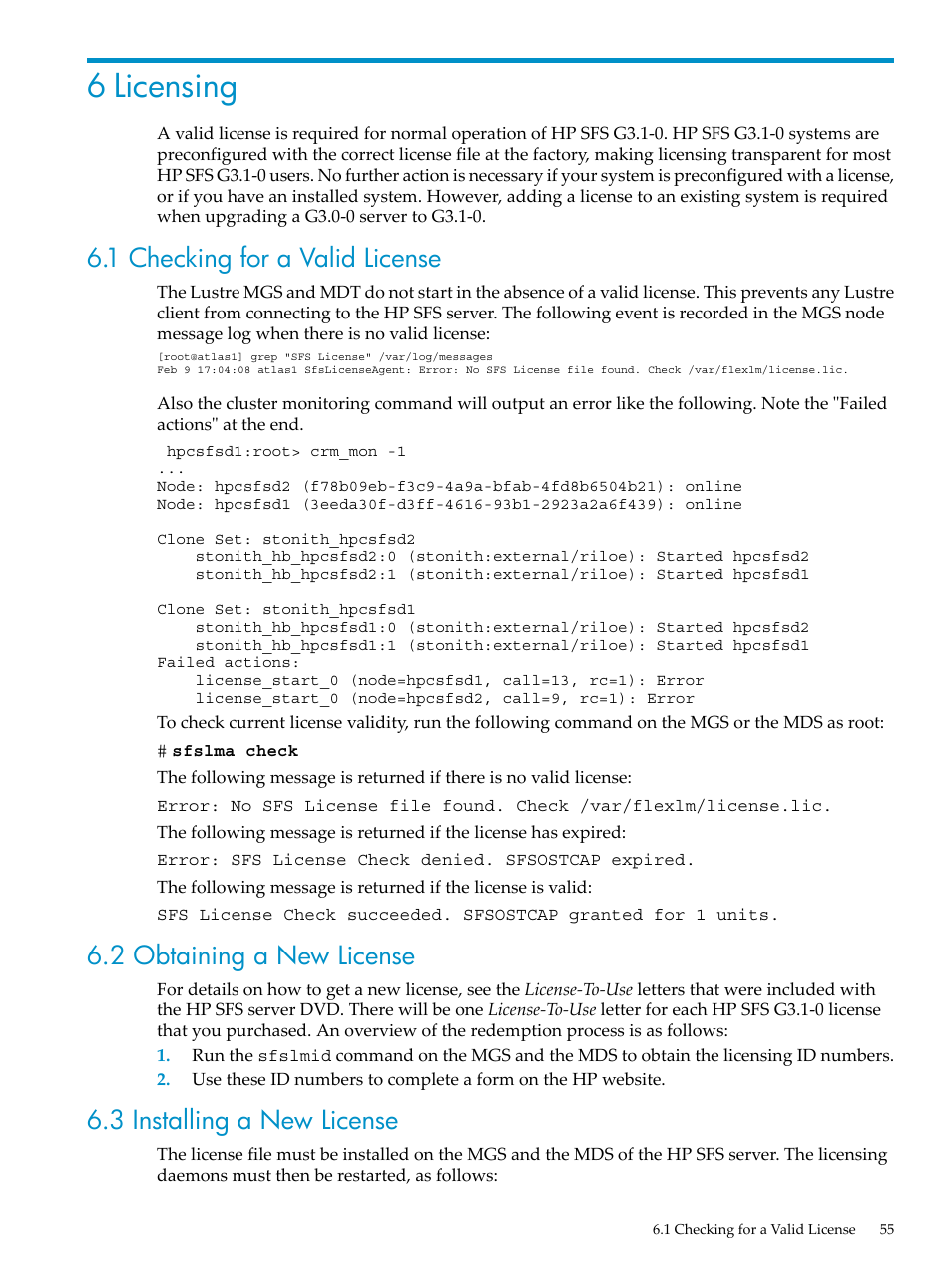 6 licensing, 1 checking for a valid license, 2 obtaining a new license | 3 installing a new license | HP StorageWorks Scalable File Share User Manual | Page 55 / 70